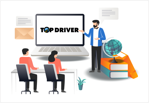 graphic with students in classroom learning from a drivers ed instructor